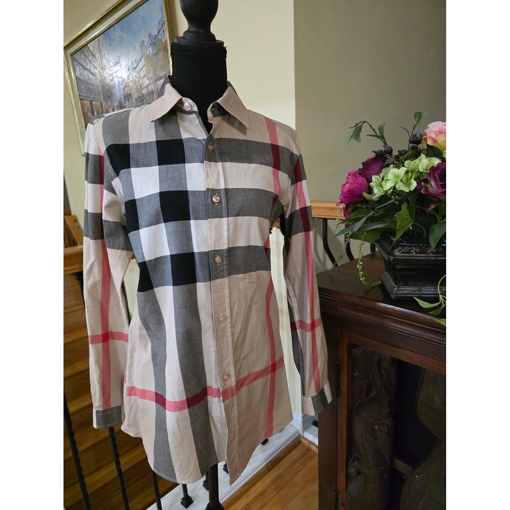 Burberry BRIT women's Large (USA S-M) Beige Black Pink Plaid Button-Down Shirt - Picture 4 of 11